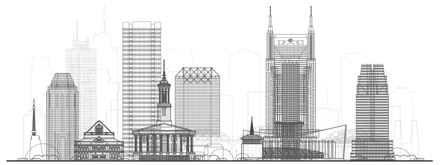 Line drawing of the Nashville skyline, including the AT&T Building, the Tennessee State Capitol and the Ryman Auditorium.